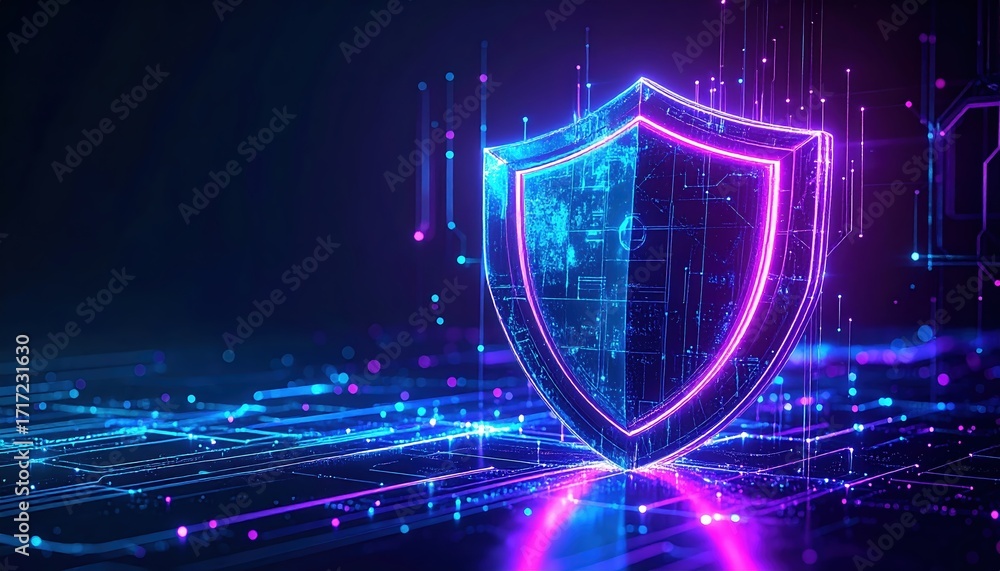 Poster a glowing neon shield protects digital data flowing through a futuristic network with interconnected