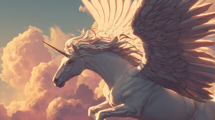 White Pegasus illuminated by golden sunset