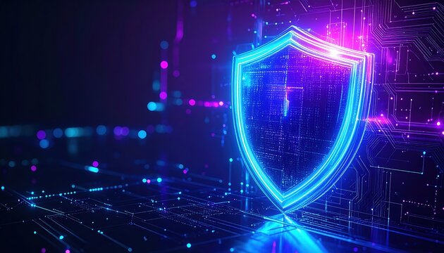 A vibrant digital shield illuminates, representing cybersecurity and data protection within a network of interconnected circuits and glowing particles on dark background.