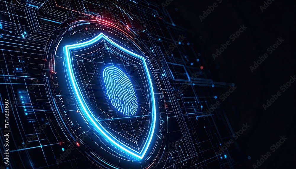 Poster a glowing blue fingerprint is centrally displayed inside a shield, symbolizing a digital network's a
