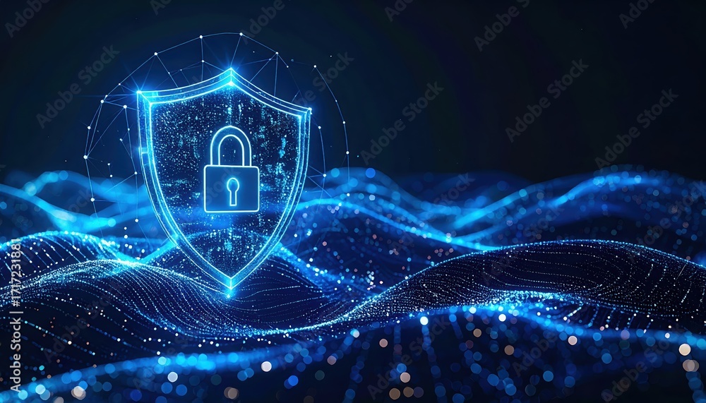 Poster abstract digital waves flow beneath a glowing blue shield with a padlock, representing data security