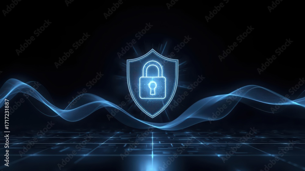 Poster a digitally rendered shield with a glowing padlock floats above a circuit board pattern, symbolizing