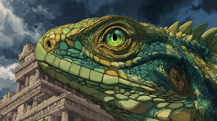 Green-scaled dragon lizard fantasy portrait