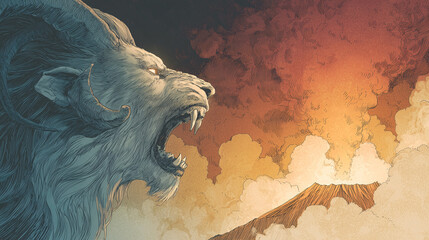 White lion hybrid beast with horns roaring
