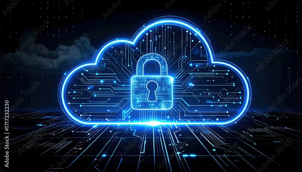 Poster a glowing cloud with a padlock in the center symbolizes secure cloud computing and advanced cybersec