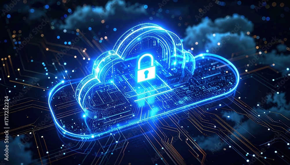 Poster a glowing cloud with a padlock icon symbolizes secure cloud computing and data protection against cy