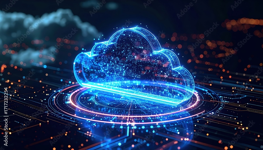 Poster a glowing blue digital cloud is displayed above a complex circuit board illustrating cloud computing