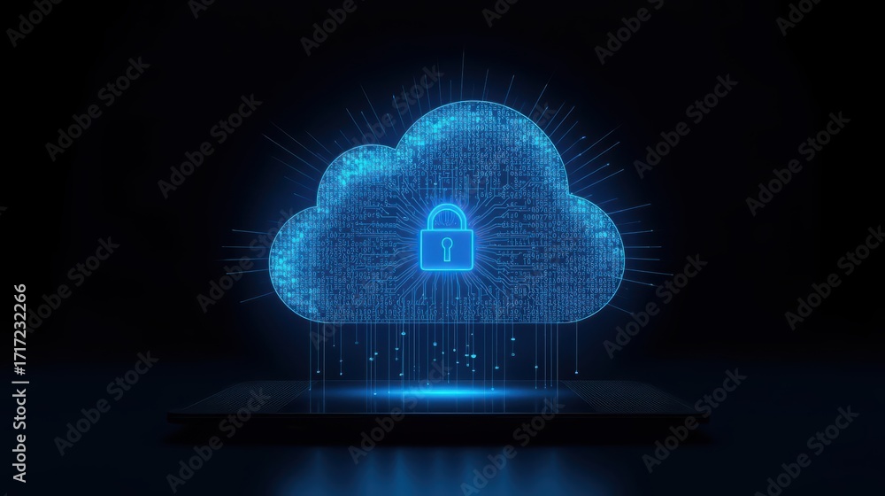 Poster futuristic glowing cloud with padlock on a platform symbolizes cloud computing security in a dark en