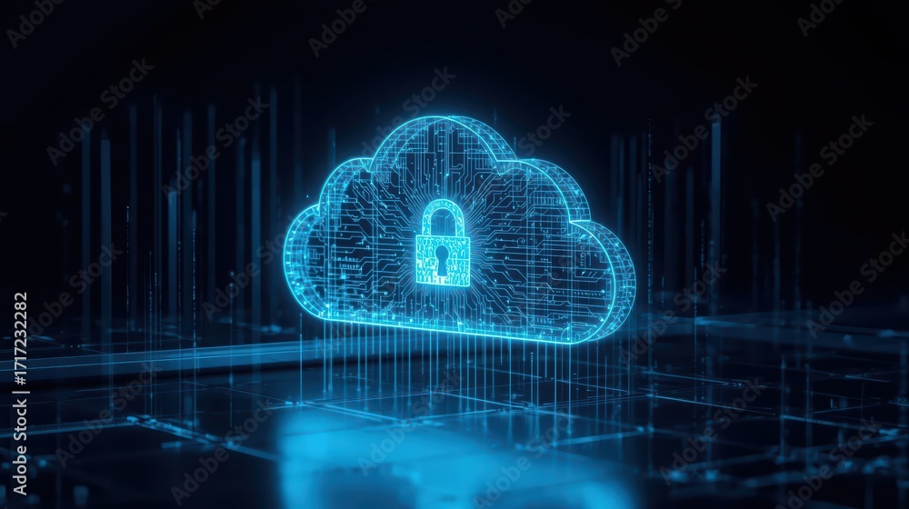 Poster a glowing digital cloud with a padlock represents secure cloud computing and data protection in a mo