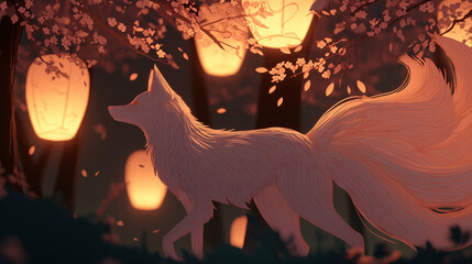 Mythical kitsune fox under lantern lights