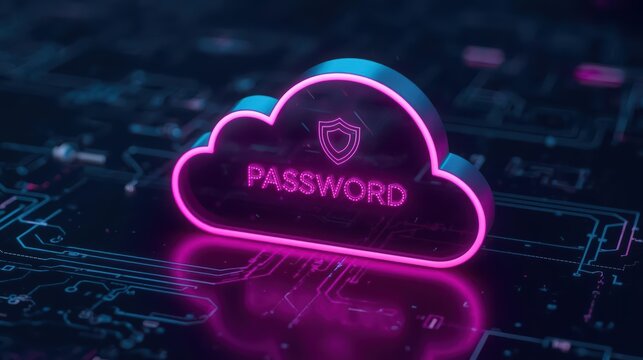 A vibrant neon pink cloud bea the word "PASSWORD" and a shield floats above an intricate circuit board background, symbolizing secure digital access.