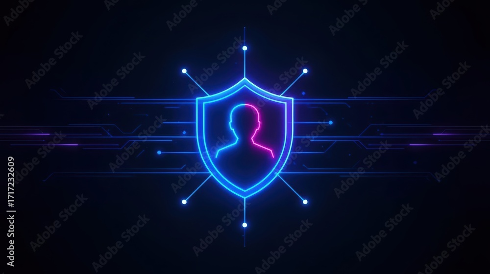 Poster glowing blue shield icon displaying a human silhouette represents digital identity and security with