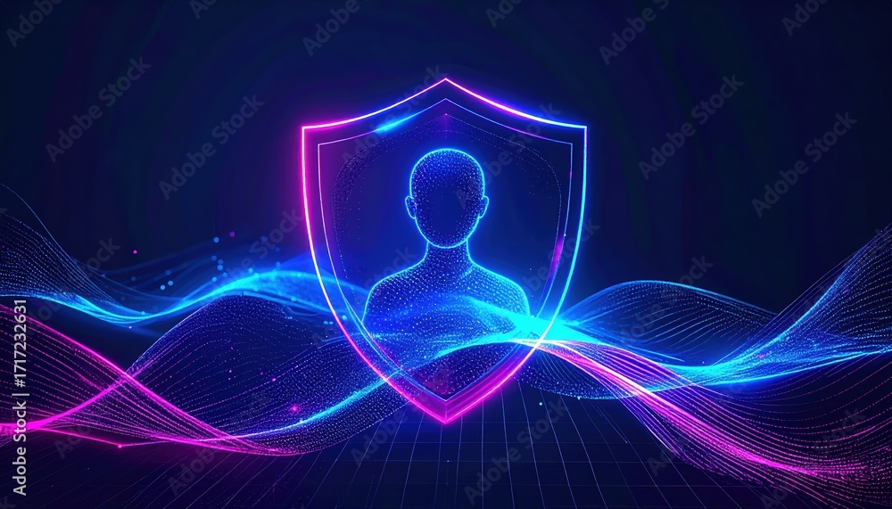 Poster a digital silhouette of a person is protected by a glowing shield against a backdrop of vibrant wave