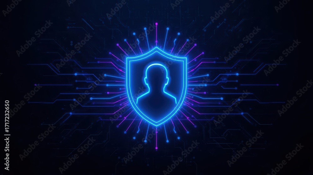 Poster a glowing neon shield with a person silhouette protects data streams in a futuristic digital securit