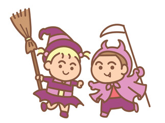 Two little kids dressed in Halloween costumes