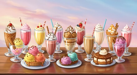 Variety of colorful desserts and drinks