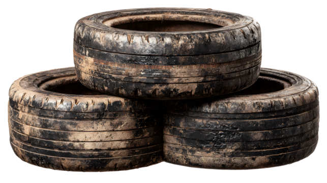 Vertical stack of three old worn-out tires, high-resolution realistic PNG cutout on transparent background — isolated automotive scrap with grunge texture for recycling themes, mechanic garage visuals