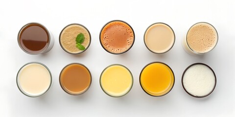 Top view of eleven authentic Indian beverages arranged together on pure white background,