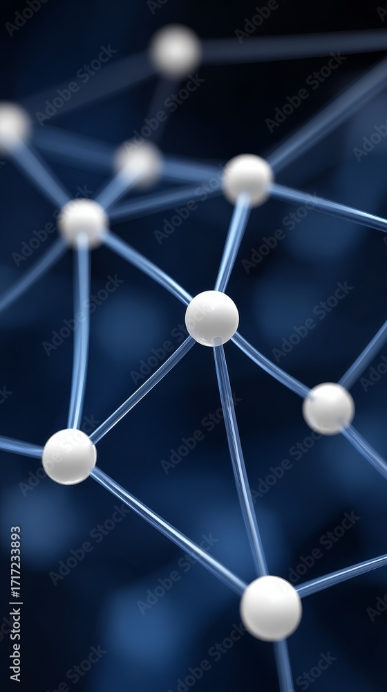 Poster interconnected spheres, a complex network visualization of nodes, connections, and data flow.