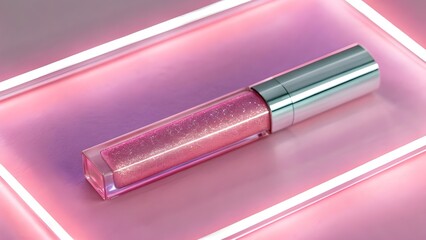 Lip Topping Shimmer Mockup in Crystal-Clear Rectangular Tube with Visible Glitter Gloss Texture, Minimalist Unbranded Cosmetic Packaging Captured in Vivid Bright Neon Lighting