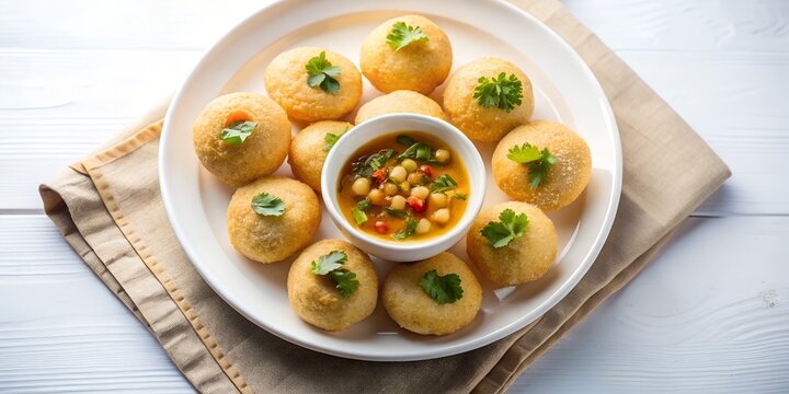 pani puri, crispy hollow puris with spicy water in a small bowl, served neatly