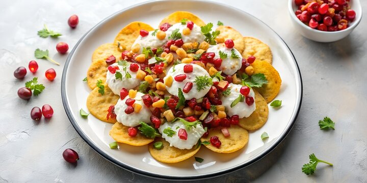 papri chaat, crispy wafers topped with potatoes, yogurt, chutney, and pomegranate seeds, arranged on