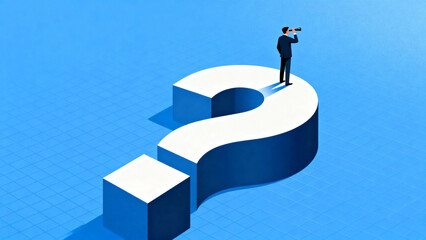 A man in a suit stands on a large question mark, looking through binoculars against a blue background.