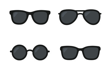 Sunglasses set vector illustration. Collection of different fashionable eyewear icons. Black sun glasses including aviator, wayfarer, and round styles for summer fashion design.