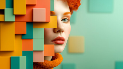 young woman with colorful cubes portrait of a girl with a colorful art Abstract geometric shapes  art