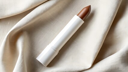 Matte Crayon Lipstick Mockup in Chunky Stick with Clean White Casing and Defined Bullet Edge, Minimalist Unbranded Cosmetic Packaging Displayed on Natural Raw Linen Fabric Surface