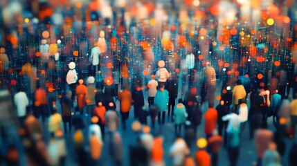Abstract crowd of people walking with digital network overlay representing connectivity and technological advancement in a modern urban environment