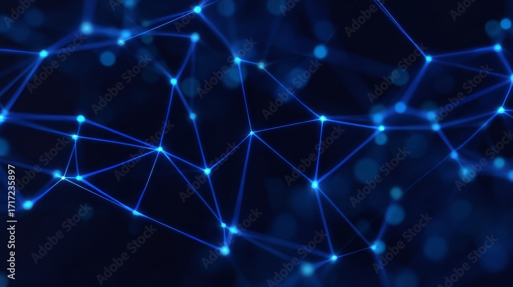 Poster abstract blue network, interconnected dots and lines representing global communication data flow.