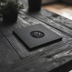 Dark wood square coaster with embossed leaf design sits on a rustic wooden table