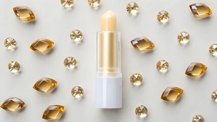 Solid Lip Oil Balm Mockup in Petite Cylindrical Stick with Transparent Container, Minimalist Flatlay Cosmetic Packaging Styled Among Scattered Gemstone Props for Modern Luxury Branding