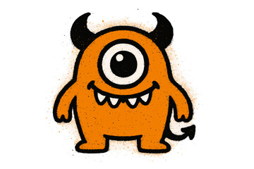 Fototapeta premium Graffiti spray monster for halloween. Cute one-eyed character with horns and devil tail. Street art with spray paint texture. Childish vector for banner or decoration.