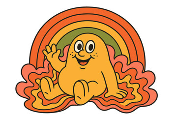 Have a nice trip quote. Cute 70s character. Funny groovy mascot. Psychedelic rainbow background. Retro vintage hippie art. Happy vector illustration. Waving friendly monster.