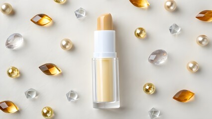 Solid Lip Oil Balm Mockup in Petite Cylindrical Stick with Transparent Container, Minimalist Flatlay Cosmetic Packaging Styled Among Scattered Gemstone Props for Modern Luxury Branding