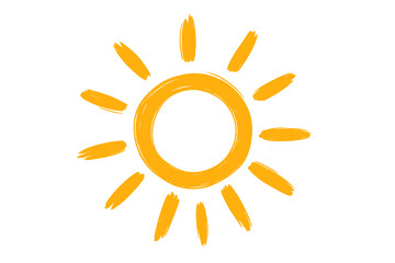 Vibrant summer sun icon in expressive brushstroke style. Cartoon vector illustration with yellow rays on transparent background. Simple sunny symbol for weather, energy, warmth, happy mood concepts.