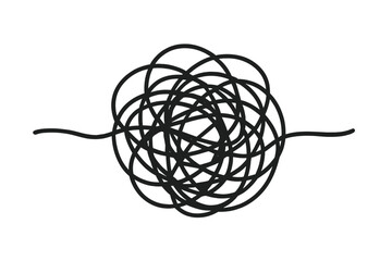 Abstract tangled scribble chaotic line art. Messy scrawl icon. Concept confusion disorder. Black vector minimalist doodle. Unravel complexity metaphor. Wire ball. Hand drawn sketch isolated.