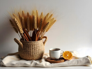Elegant Minimalist Autumn Still Life with Wheat, Cinnamon and a Cup of Coffee on a Linen Canvas
