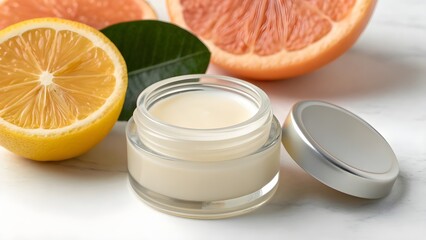 Scented Lip Balm Pot Mockup in Stubby Transparent Jar with Visible Creamy Balm and Plain Lid, Photorealistic Cosmetic Packaging Styled Beside Fresh Citrus Fruit Slices for Vibrant Branding