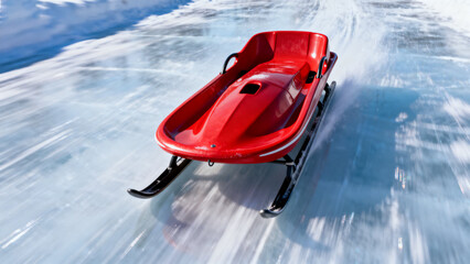 Red bobsled speeding down an icy track