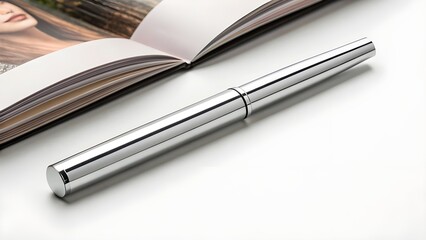 Metallic Lip Gloss Pen Mockup with Slim Pen-Shaped Body and Sleek Chrome Details, Stylish Minimal Cosmetic Packaging Displayed Diagonally Across Glossy Fashion Magazine Page