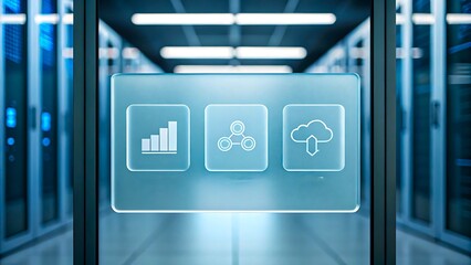 Title: Data server room with digital network icons and cloud computing technology concept
