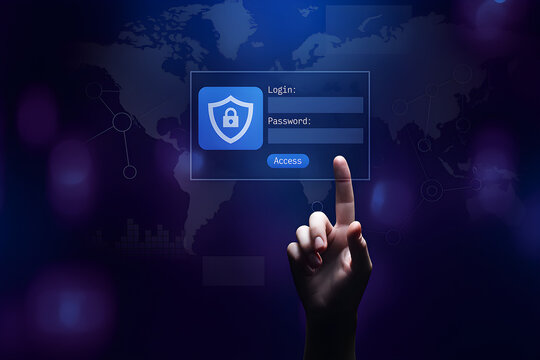 A hand reaching out to touch a digital login screen with a shield and lock icon, representing cybersecurity and access control.