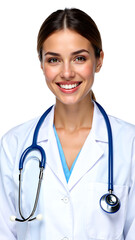 A beautiful and confident female general practitioner smiling warmly. A modern medical portrait of a healthcare worker with a stethoscope, isolated against a studio white backdrop