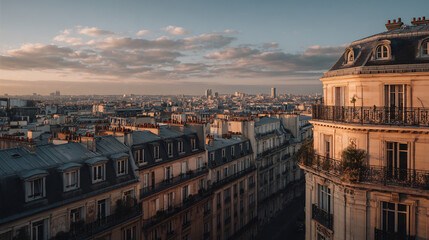 Panoramic view of historic Parisian Haussmann buildings and mansard rooftops at golden hour, showcasing classic architecture and the urban cityscape of Paris, France.