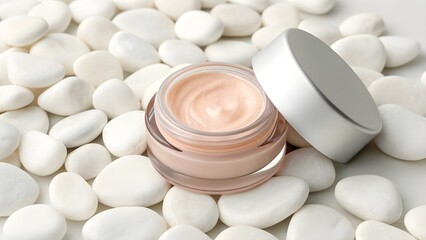 Plumping Lip Treatment Mask Mockup in Mini Frosted Jar with Smooth Balm Texture Display, Minimalist Unbranded Cosmetic Packaging Surrounded by White Pebbles for Natural Elegance