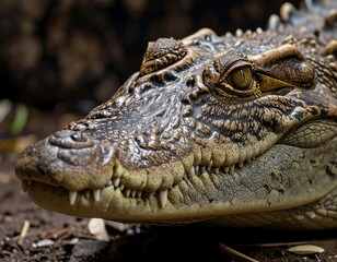 Obraz premium Close-up of a young crocodile's head. Focus on scales