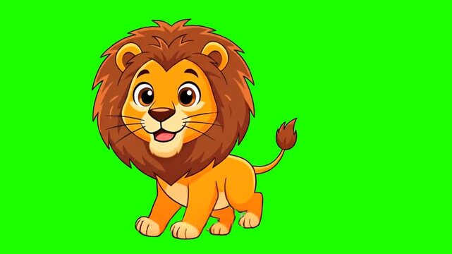 Cute Cartoon Lion with Mane Isolated on a Green Screen Background